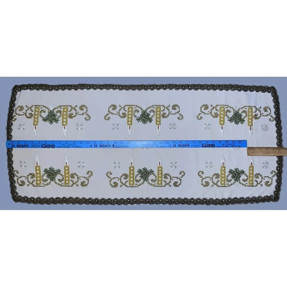Holiday Xmas Candles Snowflakes Needlework Wool Runner Vtg / Antique 18x42